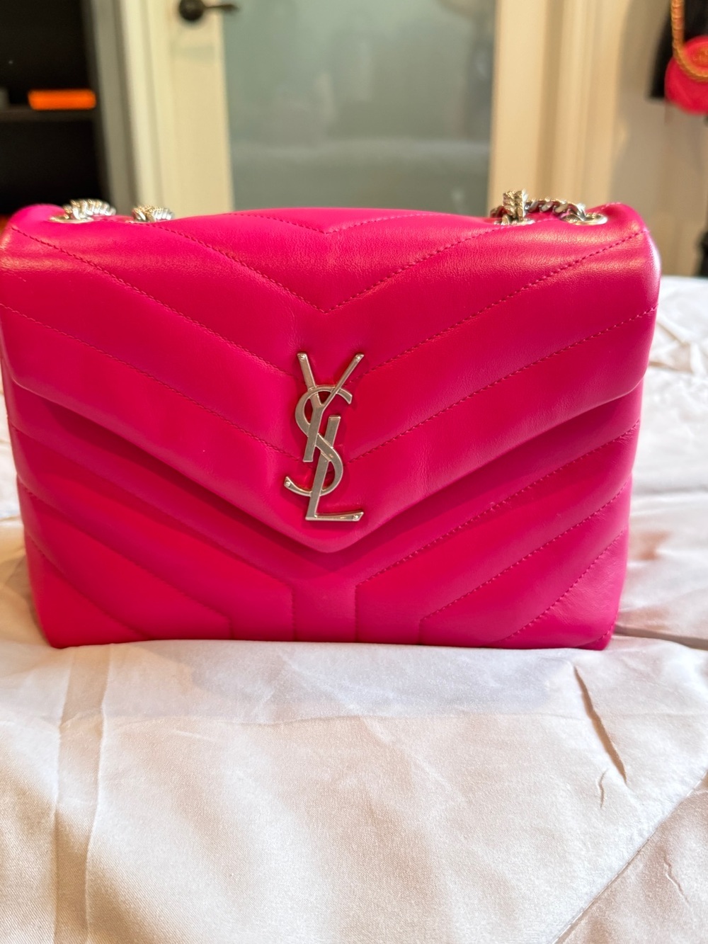 Saint Laurent Hot Pink Quilted Loulou Medium Chain Crossbody Bag